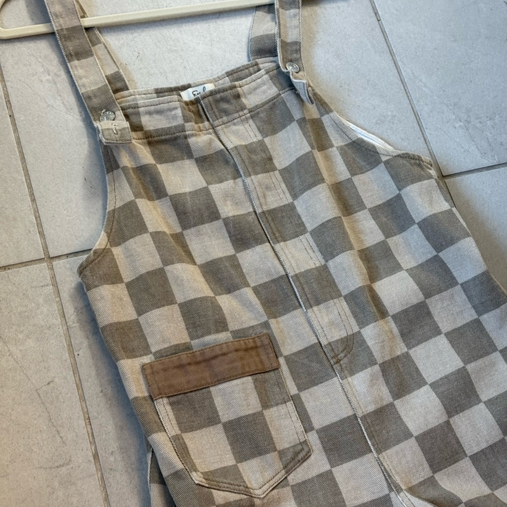 Plaid Cotton Blend Overall Jumpsuit in Taupe Check